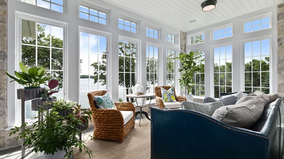 Sun Porch With White Casements With Grids and Transoms