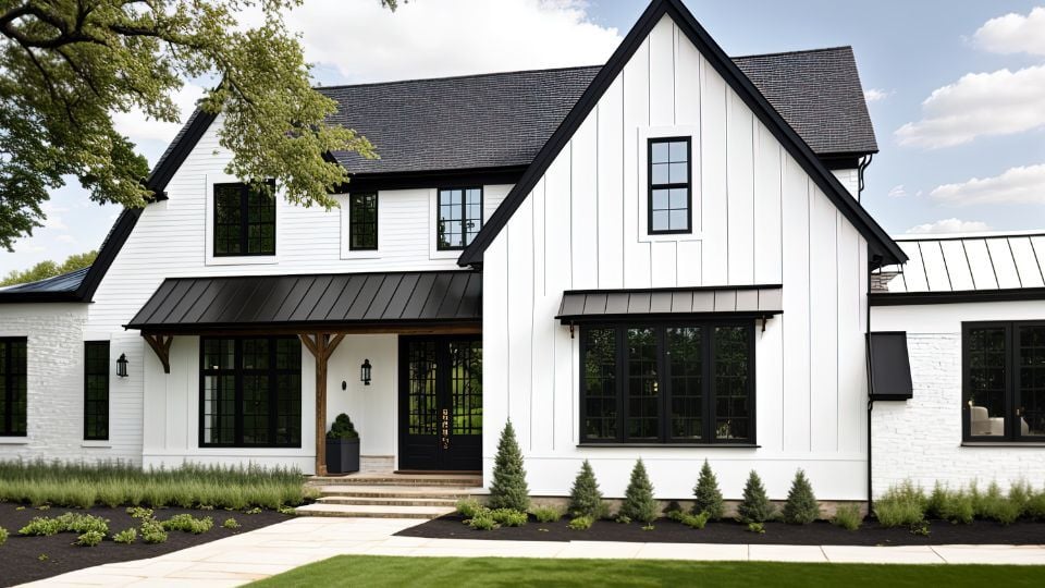 White farm house with black windows