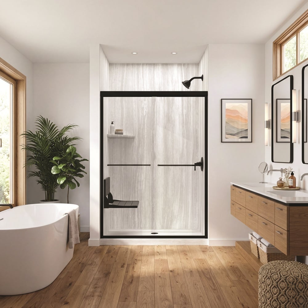 Shower with black fixtures and fold down seat