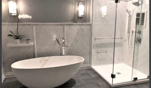 Stand alone tub with shower in SignatureStone