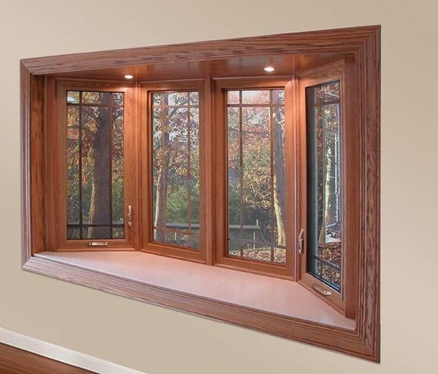 Woodgrain bow winow with casements