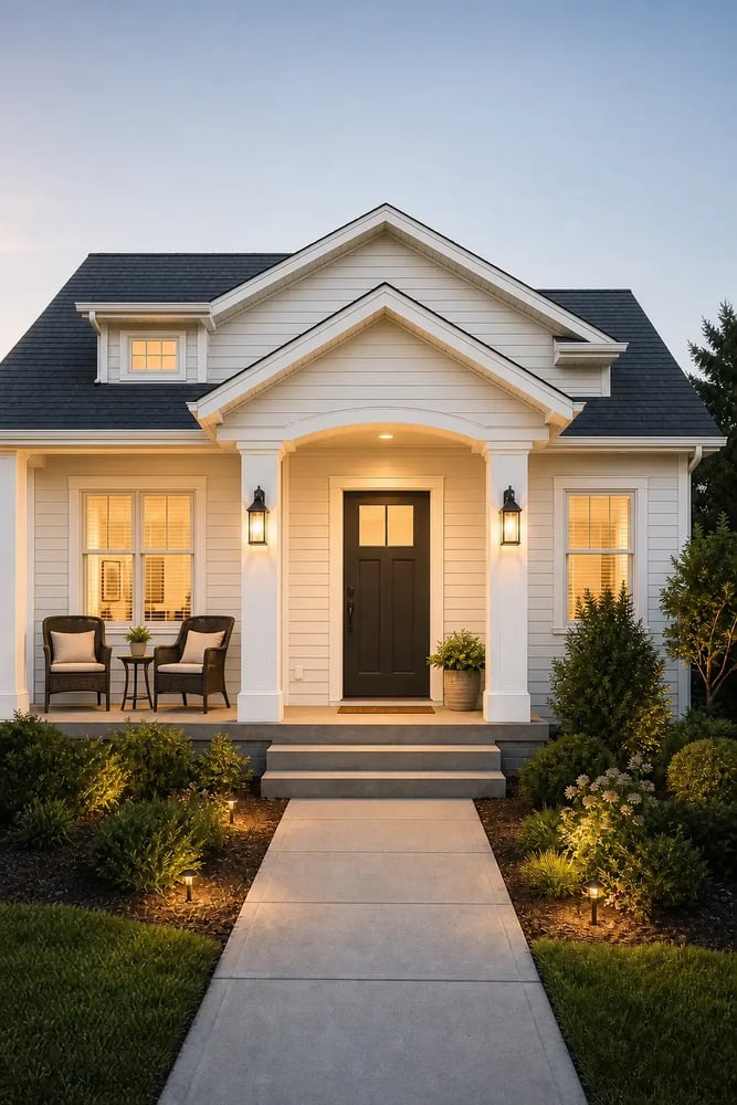 House with Steel Entry Door and Landscaping