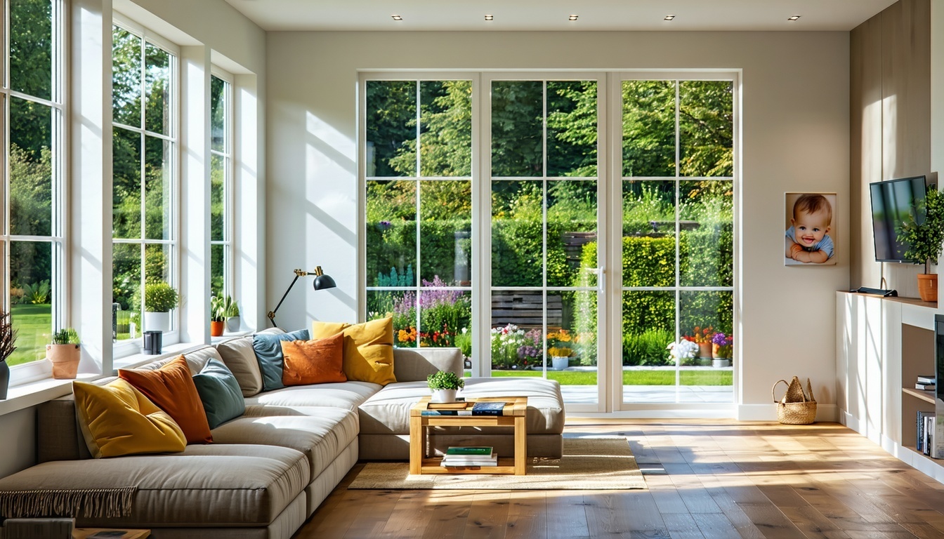 The image depicts a cozy welllit living room featuring large energyefficient windows that allow natural light to stream in creating a warm ambiance The windows have a modern design with sleek white frames showcasing a beautiful view of a lush green g-1